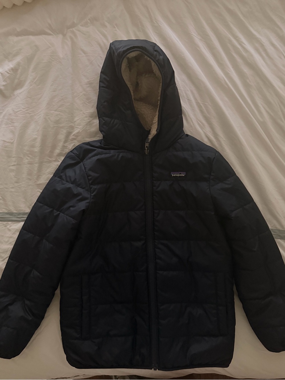 Patagonia Fully Reversible Kids Navy Freddy Hoody Puffer Jacket Sherpa
